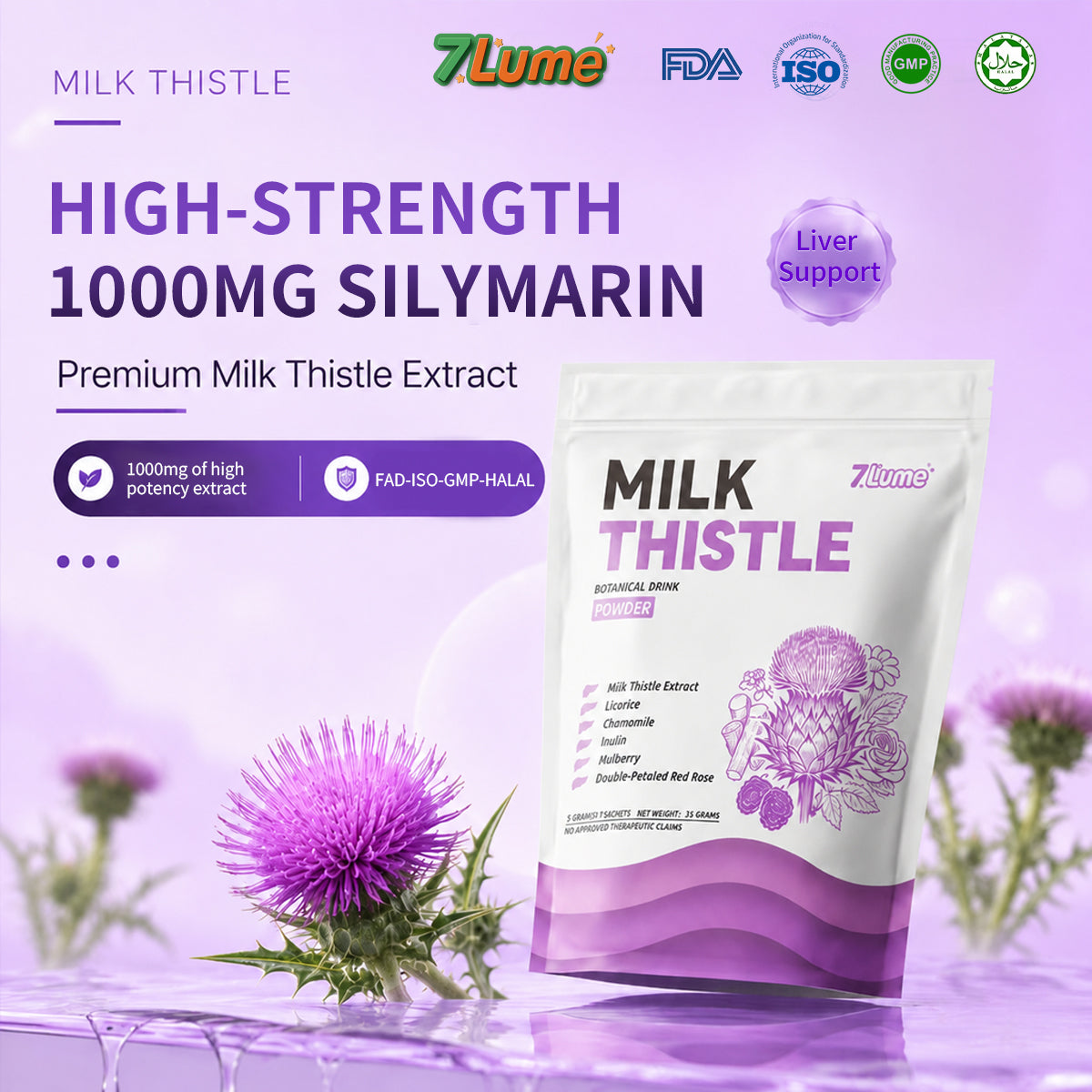 7Lume Milk Thistle Drink with 1000mg silymarin high-potency extract and FDA, ISO, GMP and Halal badges