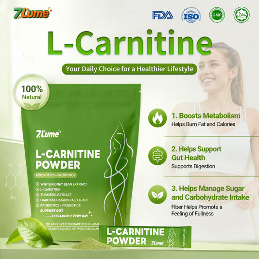 7Lume Super Green Drink – L-Carnitine formula green pouch with prepared drink and ingredient icons