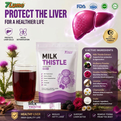7Lume Milk Thistle Drink purple and white pouch with prepared drink, milk thistle flowers and liver support graphic