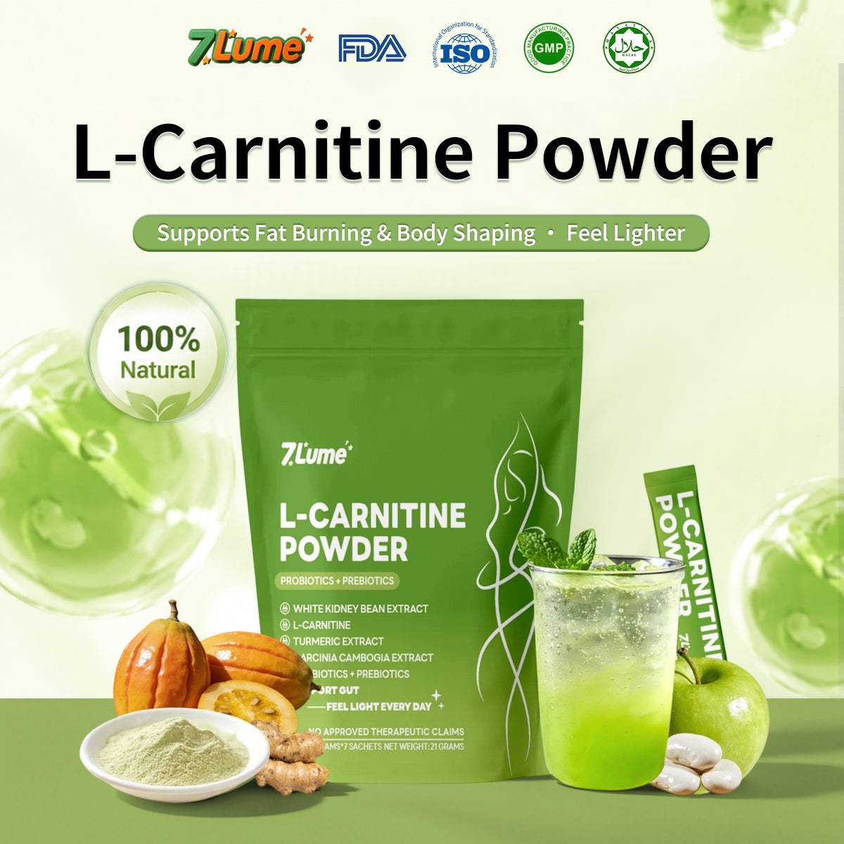 7Lume Super Green Drink – L-Carnitine formula with FDA, ISO, GMP and Halal certification icons