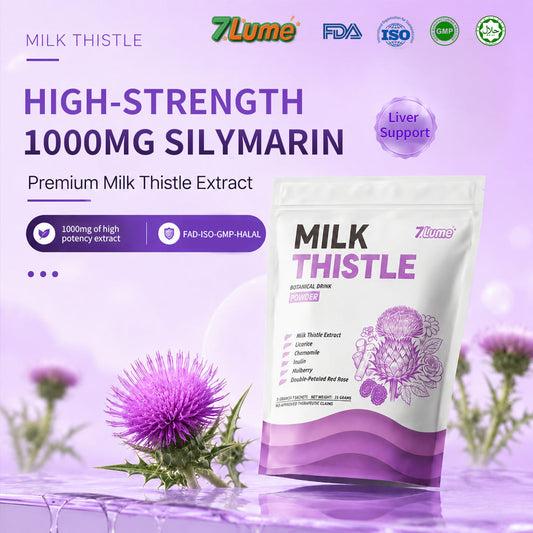 7Lume Milk Thistle Drink with 1000mg silymarin high-potency extract and FDA, ISO, GMP and Halal badges
