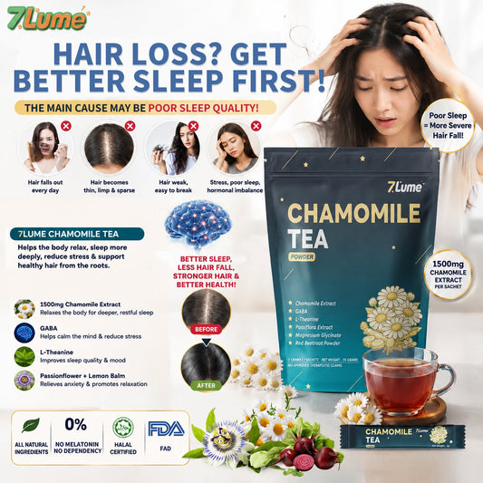 7Lume Chamomile Drink dark teal pouch with sachet, chamomile flowers and sleep support graphics
