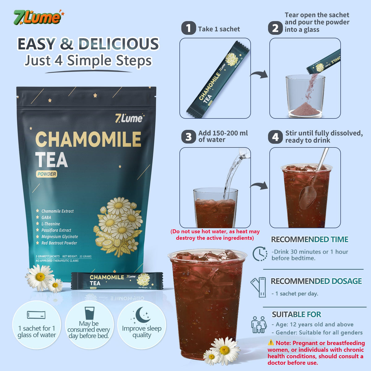 How to use 7Lume Chamomile Drink – take 1 sachet before sleep, add water, stir and drink